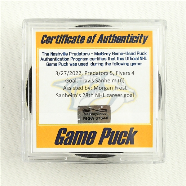 Travis Sanheim - Philadelphia Flyers - Goal Puck - March 27, 2022 vs. Nashville Predators (Predators Logo)