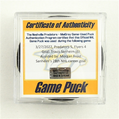 Travis Sanheim - Philadelphia Flyers - Goal Puck - March 27, 2022 vs. Nashville Predators (Predators Logo)