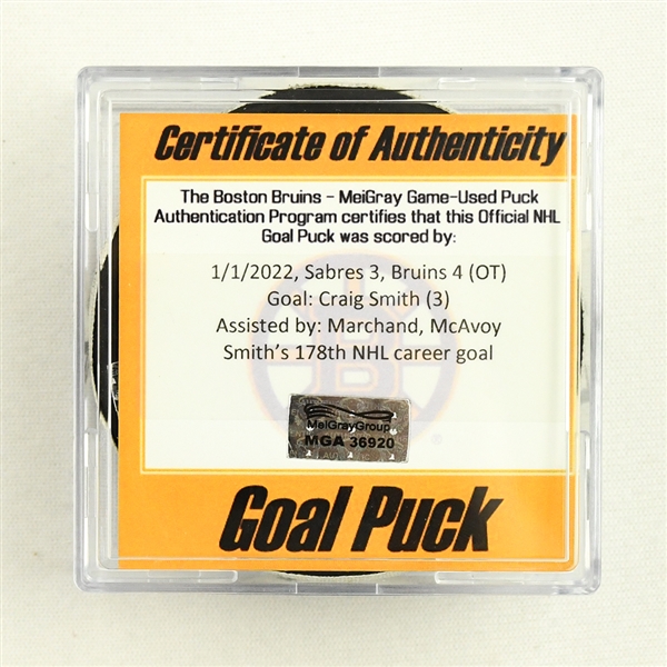 Craig Smith - Boston Bruins - Goal Puck - January 1, 2022 vs. Buffalo Sabres (Bruins Logo)