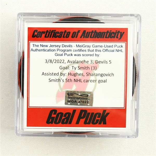 Ty Smith - New Jersey Devils - Goal Puck - March 8, 2022 vs. Colorado Avalanche (Devils Logo)
