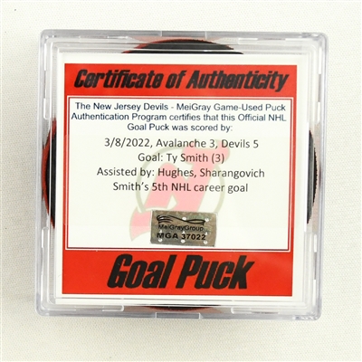 Ty Smith - New Jersey Devils - Goal Puck - March 8, 2022 vs. Colorado Avalanche (Devils Logo)