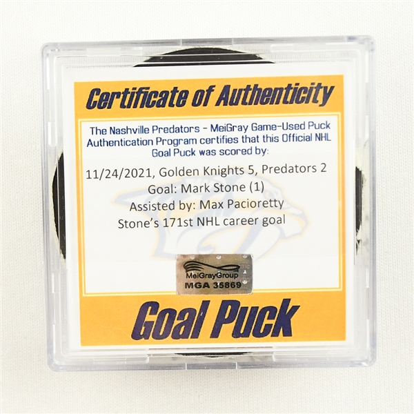 Mark Stone - Vegas Golden Knights - Goal Puck - November 24, 2021 vs. Nashville Predators (Predators Logo)