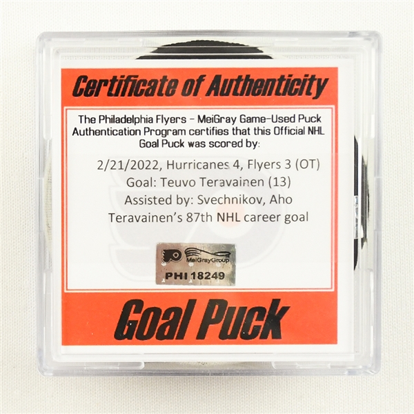 Teuvo Teravainen - Carolina Hurricanes - Goal Puck - February 21, 2022 vs. Philadelphia Flyers (Flyers Logo)