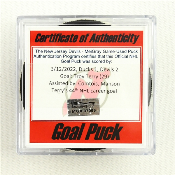 Troy Terry - Anaheim Ducks - Goal Puck - March 12, 2022 vs. New Jersey Devils (Devils Logo)