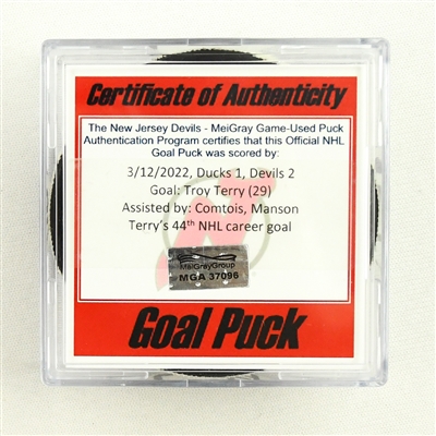 Troy Terry - Anaheim Ducks - Goal Puck - March 12, 2022 vs. New Jersey Devils (Devils Logo)