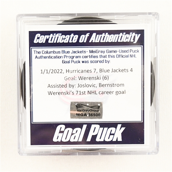 Zach Werenski - Columbus Blue Jackets - Goal Puck - January 1, 2022 vs. Carolina Hurricanes (Blue Jackets Logo)