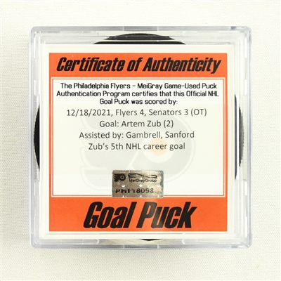 Artem Zub - Philadelphia Flyers - Goal Puck - December 18, 2021 vs. Ottawa Senators (Flyers Logo)