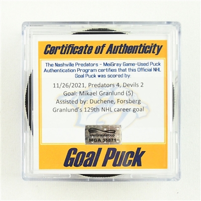 Mikael Granlund - Nashville Predators - Goal Puck - November 26, 2021 vs. New Jersey Devils (Predators Logo) 