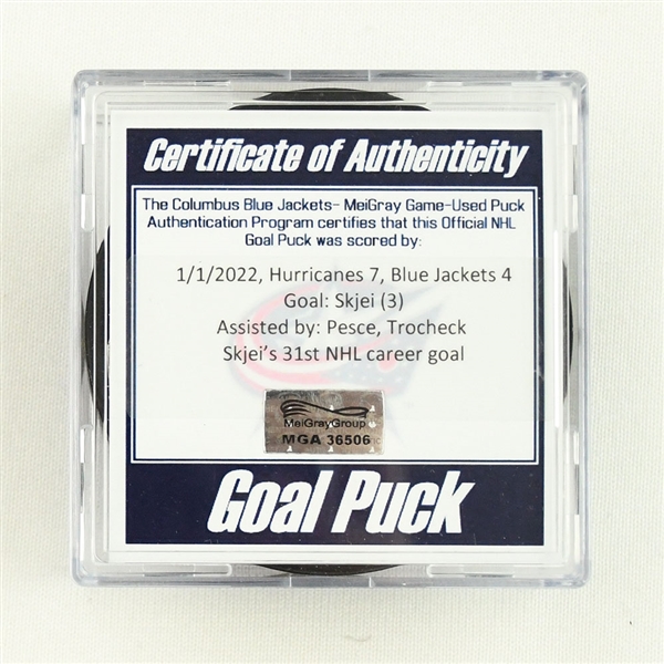 Brady Skjei - Carolina Hurricanes - Goal Puck - January 1, 2022 vs. Columbus Blue Jackets (Blue Jackets Logo) 