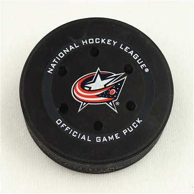 Brady Skjei - Carolina Hurricanes - Goal Puck - January 1, 2022 vs. Columbus Blue Jackets (Blue Jackets Logo) 