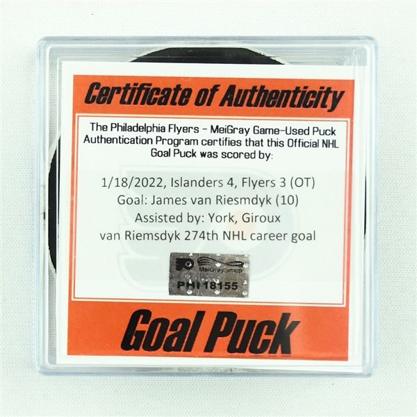 James van Riemsdyk - Philadelphia Flyers - Goal Puck - January 18, 2022 vs. New York Islanders (Flyers Logo)