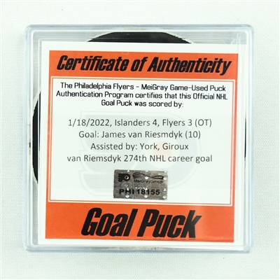 James van Riemsdyk - Philadelphia Flyers - Goal Puck - January 18, 2022 vs. New York Islanders (Flyers Logo)