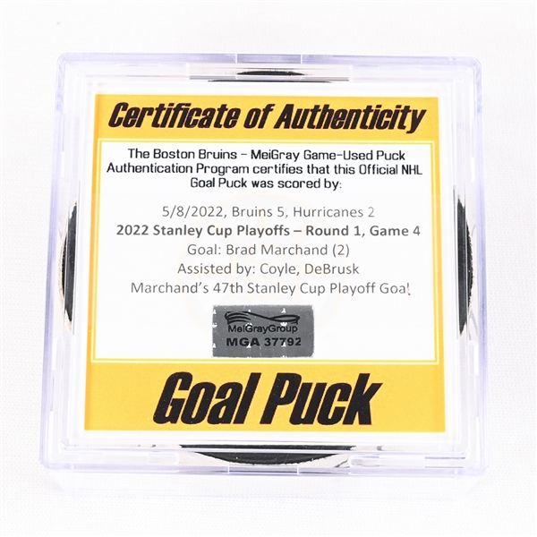 Brad Marchand - Boston Bruins - Goal Puck - May 8, 2022 vs. Carolina Hurricanes (Bruins Logo) - 2022 Stanley Cup Playoffs - Round 1, Game 4