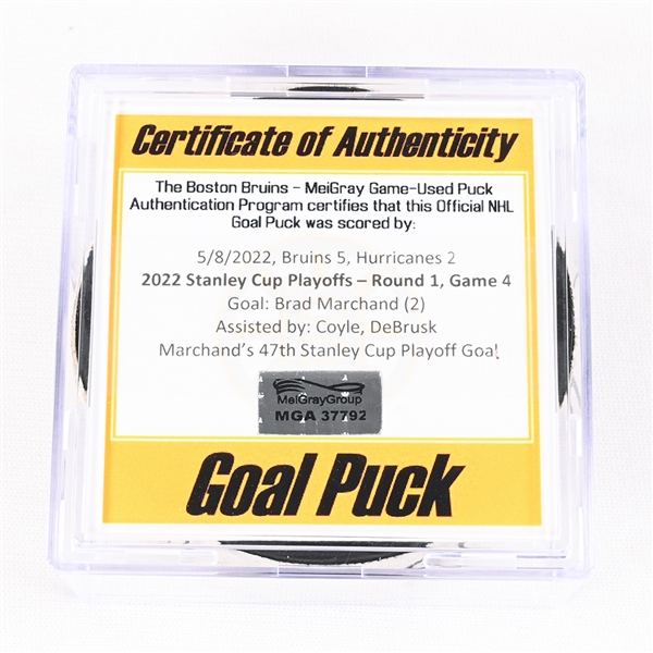 Brad Marchand - Boston Bruins - Goal Puck - May 8, 2022 vs. Carolina Hurricanes (Bruins Logo) - 2022 Stanley Cup Playoffs - Round 1, Game 4
