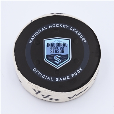 Pearson Tanner - Vancouver Canucks - Goal Puck - January 1, 2022 vs. Seattle Kraken (Kraken Inaugural Season Logo) - J.T. Millers' 400th NHL Career Point - 2021-22 NHL Season