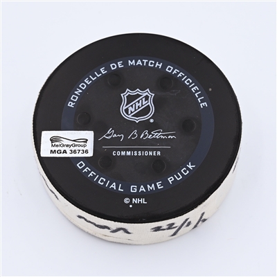 Pearson Tanner - Vancouver Canucks - Goal Puck - January 1, 2022 vs. Seattle Kraken (Kraken Inaugural Season Logo) - J.T. Millers' 400th NHL Career Point - 2021-22 NHL Season