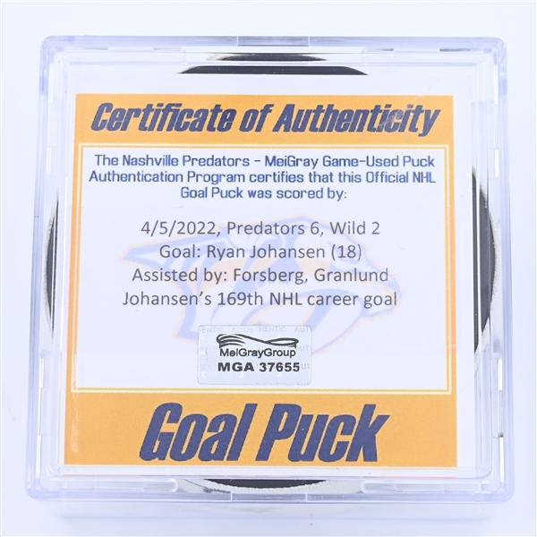 Ryan Johansen - Nashville Predators - Goal Puck - April 5, 2022 vs. Minnesota Wild (Predators Logo) - 2021-22 NHL Season