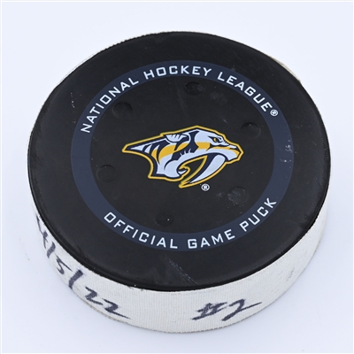 Ryan Johansen - Nashville Predators - Goal Puck - April 5, 2022 vs. Minnesota Wild (Predators Logo) - 2021-22 NHL Season