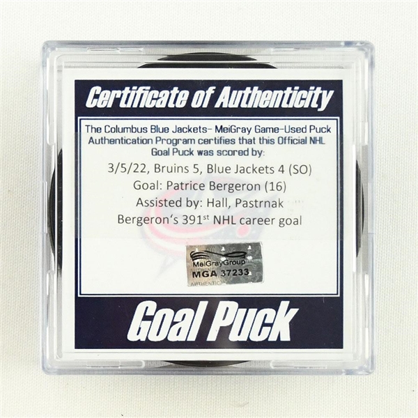 Patrice Bergeron - Boston Bruins - Goal Puck - March 5, 2022 vs. Columbus Blue Jackets (Blue Jackets Logo) 