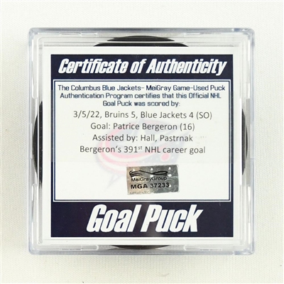 Patrice Bergeron - Boston Bruins - Goal Puck - March 5, 2022 vs. Columbus Blue Jackets (Blue Jackets Logo) 