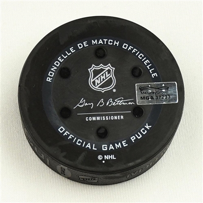 Patrice Bergeron - Boston Bruins - Goal Puck - March 5, 2022 vs. Columbus Blue Jackets (Blue Jackets Logo) 