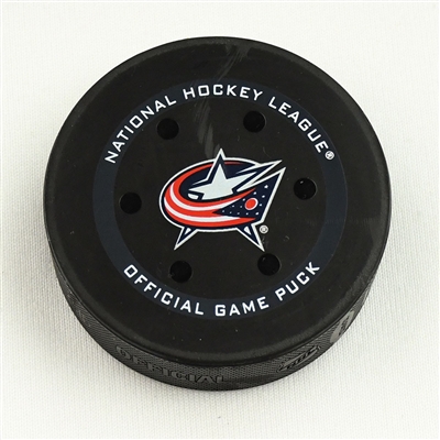 Patrice Bergeron - Boston Bruins - Goal Puck - March 5, 2022 vs. Columbus Blue Jackets (Blue Jackets Logo) 