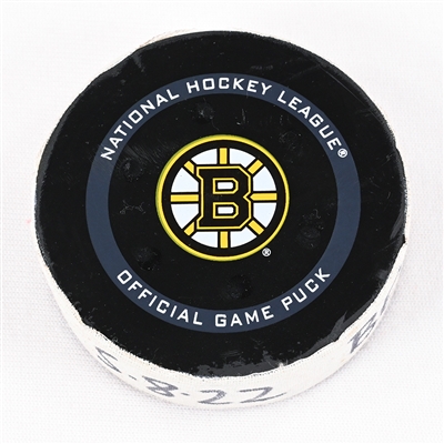 Patrice Bergeron - Boston Bruins - Goal Puck - May 8, 2022 vs. Carolina Hurricanes (Bruins Logo) - 2022 Stanley Cup Playoffs - Round 1, Game 4