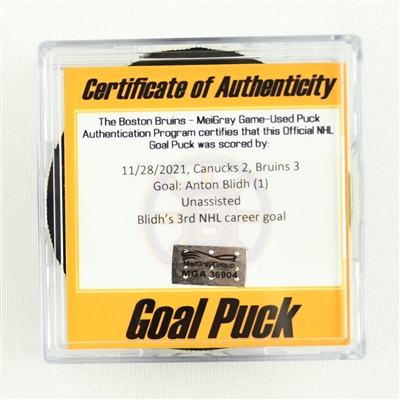 Anton Blidh - Boston Bruins - Goal Puck - November 28, 2021 vs. Vancouver Canucks (Bruins Logo) 