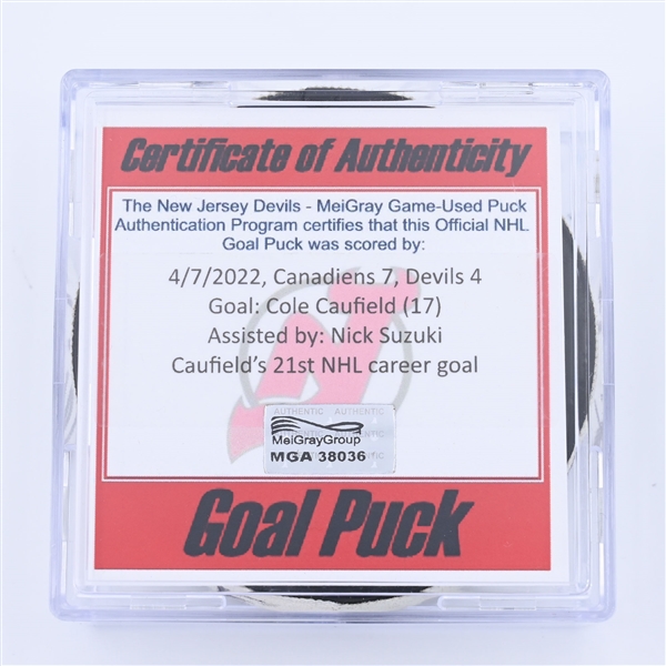 Cole Caufield - Montreal Canadiens - Goal Puck - April 7, 2022 vs New Jersey Devils (New Jersey Devils logo) - 2021-22 NHL Season