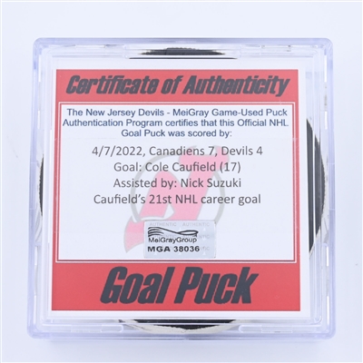 Cole Caufield - Montreal Canadiens - Goal Puck - April 7, 2022 vs New Jersey Devils (New Jersey Devils logo) - 2021-22 NHL Season