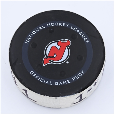 Cole Caufield - Montreal Canadiens - Goal Puck - April 7, 2022 vs New Jersey Devils (New Jersey Devils logo) - 2021-22 NHL Season
