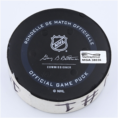 Cole Caufield - Montreal Canadiens - Goal Puck - April 7, 2022 vs New Jersey Devils (New Jersey Devils logo) - 2021-22 NHL Season
