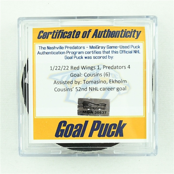 Nick Cousins - Nashville Predators - Goal Puck - January 22, 2022 vs. Detroit Red Wings (Predators Logo)