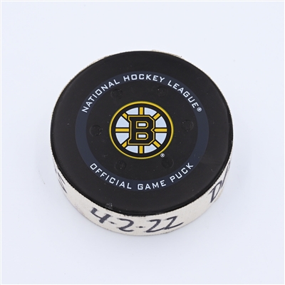 Justin Danforth - Columbus Blue Jackets - Goal Puck - April 2, 2022 vs Boston Bruins (Boston Bruins logo) - 2021-22 NHL Season