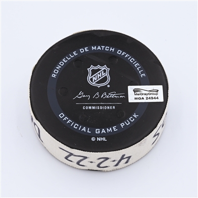 Justin Danforth - Columbus Blue Jackets - Goal Puck - April 2, 2022 vs Boston Bruins (Boston Bruins logo) - 2021-22 NHL Season