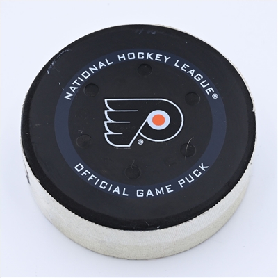 Alex DeBrincat - Chicago Blackhawks - Goal Puck - March 5, 2022 vs Philadelphia Flyers (Flyers logo) - 2021-22 NHL Season