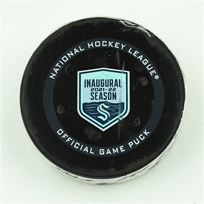 Jake DeBrusk - Boston Bruins - Goal Puck - February 24, 2022 vs. Seattle Kraken (Kraken Inaugural Season Logo)