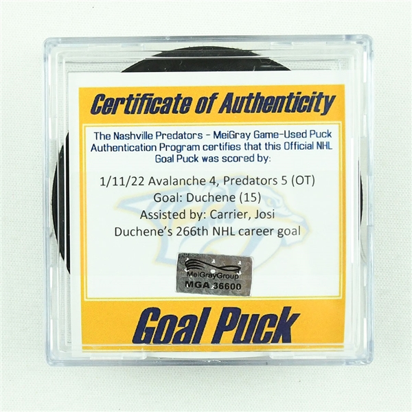 Matt Duchene - Nashville Predators - Goal Puck - January 11, 2022 vs. Colorado Avalanche (Predators Logo)