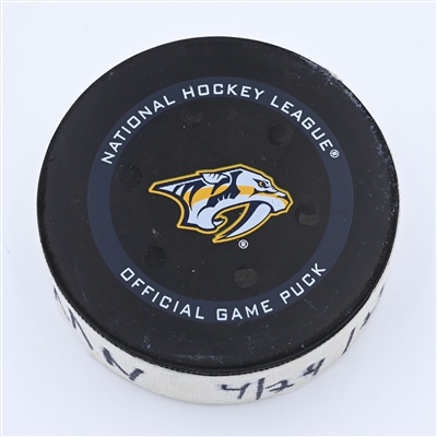 Kevin Fiala - Minnesota Wild - Goal Puck - April 24, 2022 vs Nashville Predators (Predators logo) - 2021-22 NHL Season