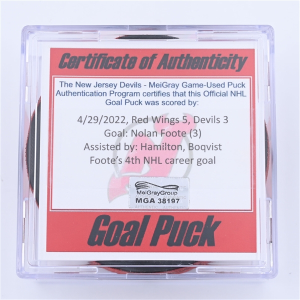 Nolan Foote - New Jersey Devils - Goal Puck - April 29, 2022 vs Detroit Red Wings (New Jersey Devild logo) - 2021-22 NHL Season