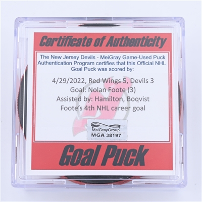 Nolan Foote - New Jersey Devils - Goal Puck - April 29, 2022 vs Detroit Red Wings (New Jersey Devild logo) - 2021-22 NHL Season