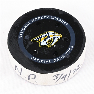 Filip Forsberg - Nashville Predators - Goal Puck - May 9, 2022 vs. Colorado Avalanche (Predators Logo) - 2022 Stanley Cup Playoffs - Round 1, Game 4