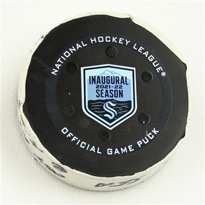 Johnny Gaudreau - Calgary Flames - Goal Puck - December 30, 2021 vs. Seattle Kraken (Kraken Inaugural Season Logo) 