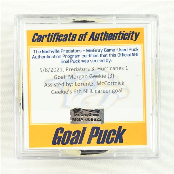 Morgan Geekie - Carolina Hurricanes - Goal Puck - May 8, 2021 vs. Nashville Predators (Predators Logo) 