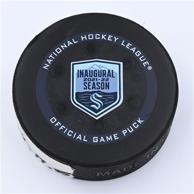 Yanni Gourde - Seattle Kraken - Goal Puck - October 26, 2021 vs. Montreal Canadiens (Kraken Inaugrual Season Logo) - 1st Win in Climate Pledge Arena History - 2021-22 NHL Season