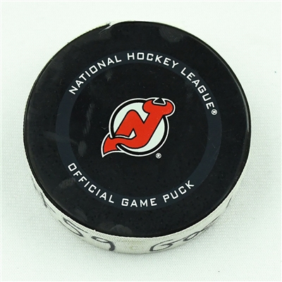 Jake Guentzel - Pittsburgh Penguins - Goal Puck - April 11, 2021 vs. New Jersey Devils (Devils Logo) - 1st Goal of Hat Trick