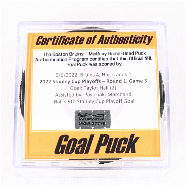 Taylor Hall - Boston Bruins - Goal Puck - May 6, 2022 vs. Carolina Hurricanes (Bruins Logo) - 2022 Stanley Cup Playoffs - Round 1, Game 3