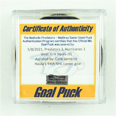 Erik Haula - Nashville Predators - Goal Puck - May 8, 2021 vs. Carolina Hurricanes (Predators Logo)