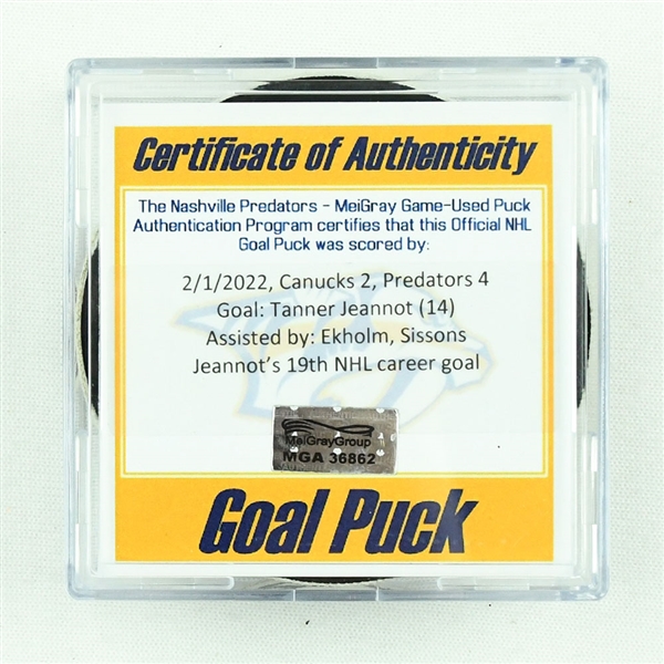 Tanner Jeannot - Nashville Predators - Goal Puck - February 1, 2022 vs. Vancouver Canucks (Predators Logo)