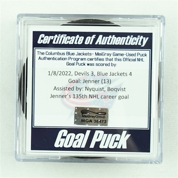 Boone Jenner - Columbus Blue Jackets - Goal Puck - January 8, 2022 vs. New Jersey Devils (Blue Jackets Logo)